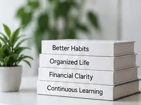 A stack of books titled Better Habits, Organized Life, Financial Clarity and Continuous Learning beside a plant.