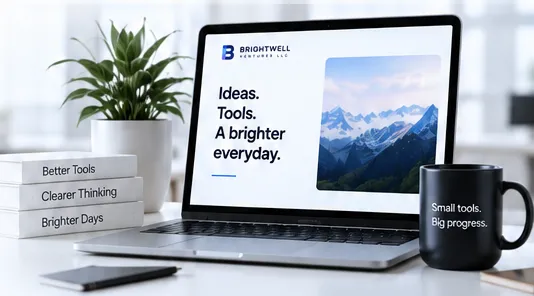 A laptop reading “Ideas. Tools. A brighter everyday.” beside books titled Better Tools, Clearer Thinking and Brighter Days, and a mug reading “Small tools. Big progress.”