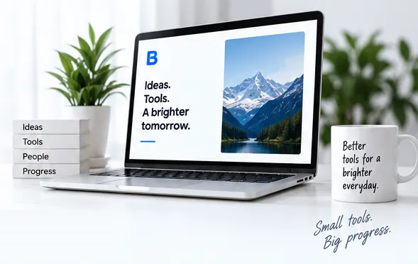 A laptop on a bright desk showing “Ideas. Tools. A brighter tomorrow.”, beside a plant, a stack of books and a mug reading “Better tools for a brighter everyday.”