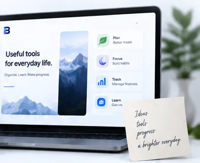 A laptop reading “Useful tools for everyday life.” with Plan, Focus, Track and Learn tiles, beside a handwritten note: “Ideas, tools, progress — a brighter everyday.”
