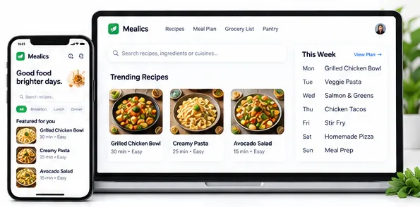 The Mealics app on a phone and a laptop, showing trending recipes and a weekly meal plan.