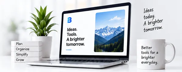 A laptop reading “Ideas. Tools. A brighter tomorrow.” on a bright desk with a plant, books labelled Plan, Organize, Simplify and Grow, and a mug reading “Better tools for a brighter everyday.”