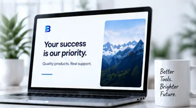 A laptop reading “Your success is our priority. Quality products. Real support.” beside a mug reading “Better Tools. Brighter Future.”