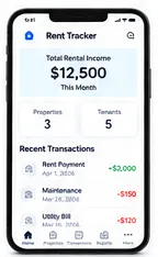 Rent Tracker concept on a phone, showing monthly rental income, properties, tenants and recent transactions.