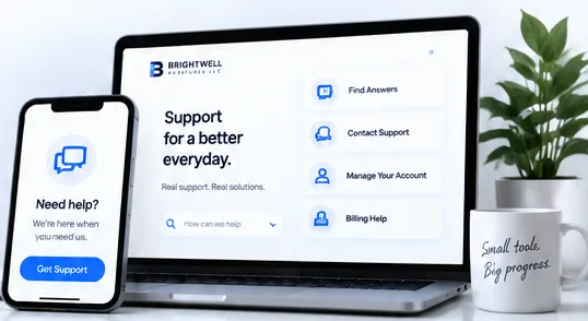 A phone showing “Need help? Get Support” beside a laptop reading “Support for a better everyday.” and a mug reading “Small tools. Big progress.”