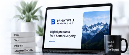A laptop reading “Digital products for a better everyday.” beside books labelled Ideas, Tools, Progress and A Brighter Everyday, and a mug reading “Useful tools. Real impact.”